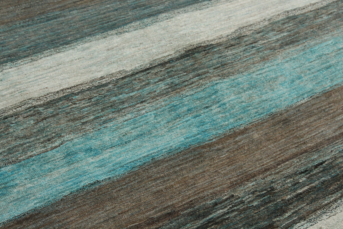 Teal Wool Rug with Broad Stripes, 300 × 236 cm, view 4.