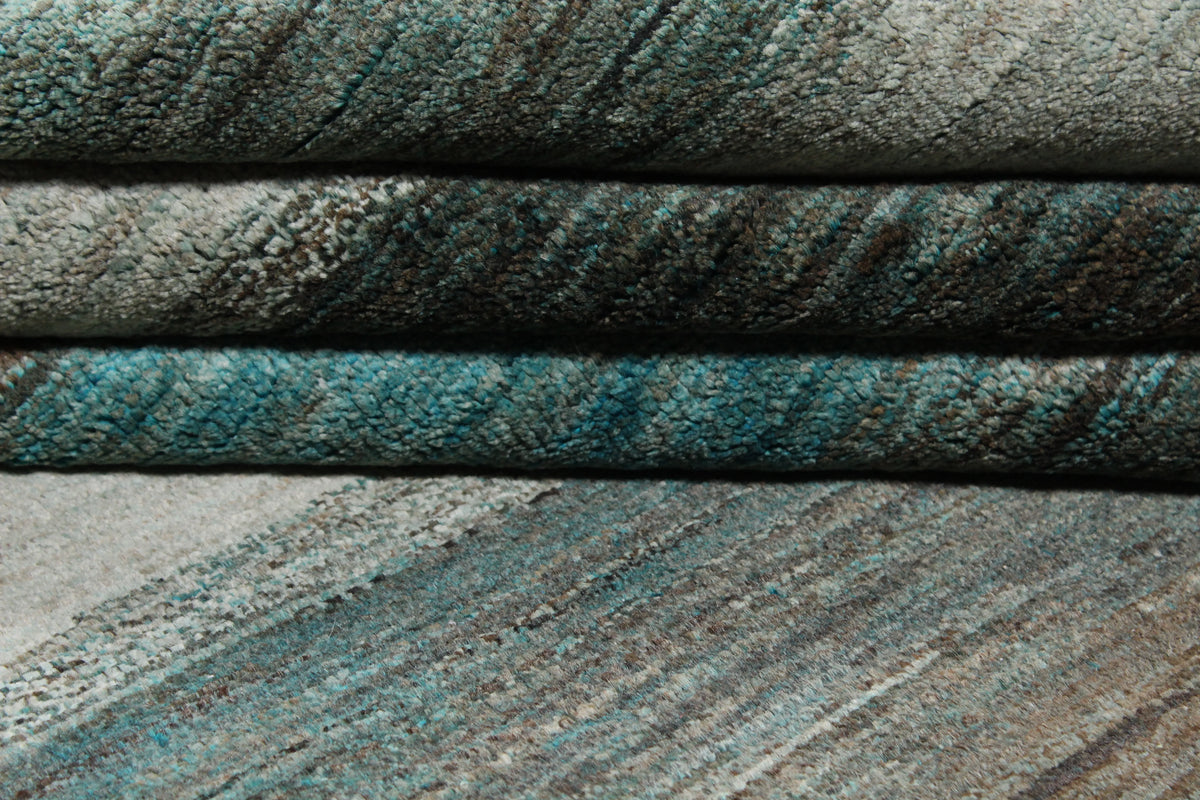 Teal Wool Rug with Broad Stripes, 300 × 236 cm, view 9.