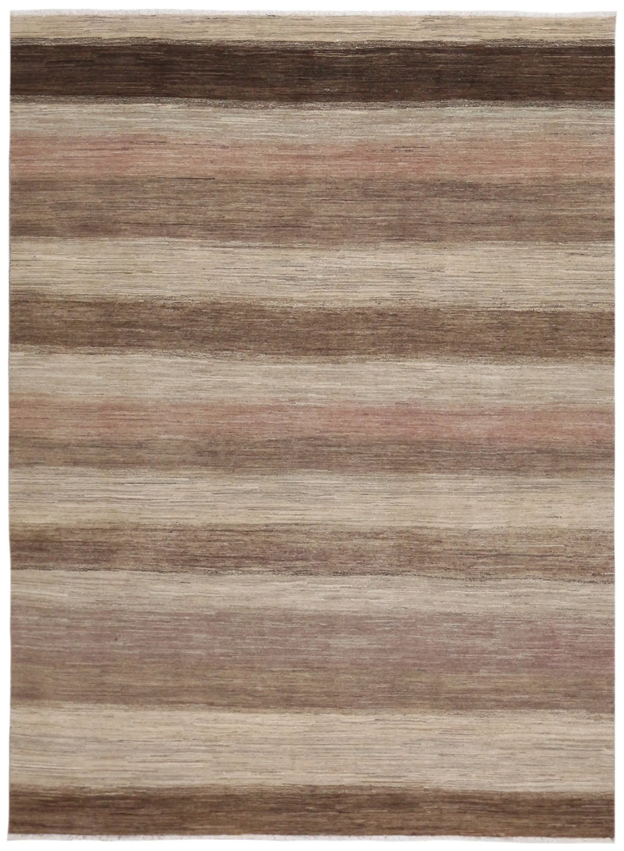 Beige Wool Rug with Brown Horizontal Stripes, 317 × 232 cm, overall view.