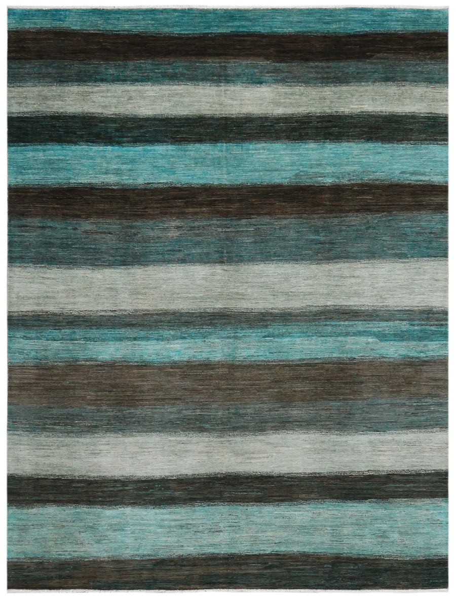 Turquoise Afghan Rug with Dark Horizontal Stripes, 313 × 236 cm, overall view.