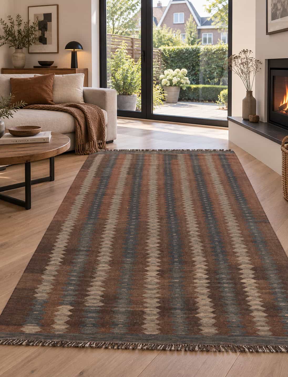 Brown Narrow Stripe Kilim Rug, 197 × 149 cm — view 1