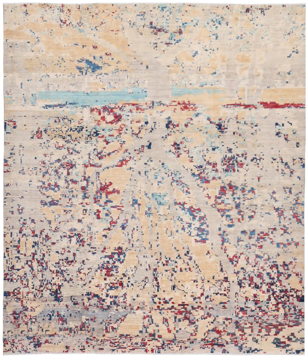 Light Afghan Rug with Abstract Color Accents, 296 × 245 cm, overall view.