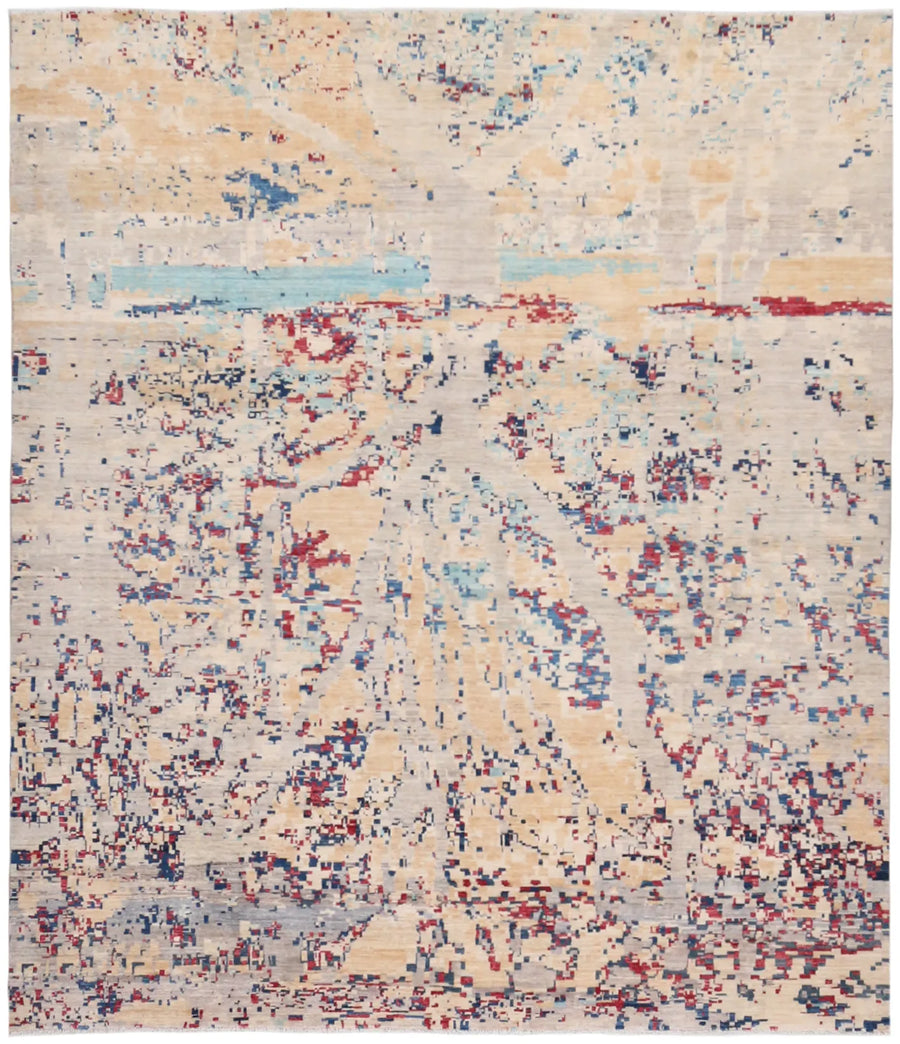 Light Afghan Rug with Abstract Color Accents, 296 × 245 cm, overall view.