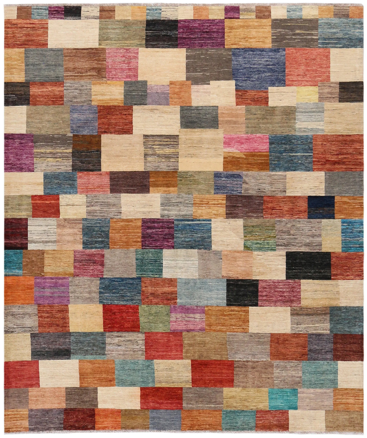 Multicolor Gabbeh Rug with Block Pattern, 295 × 250 cm, overall view.