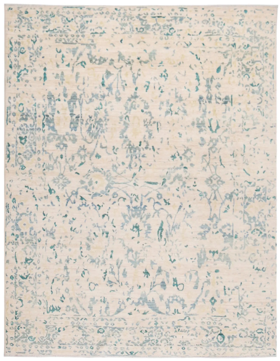 Cream Afghan Rug with Blue Vine Motifs, 296 × 244 cm, overall view.