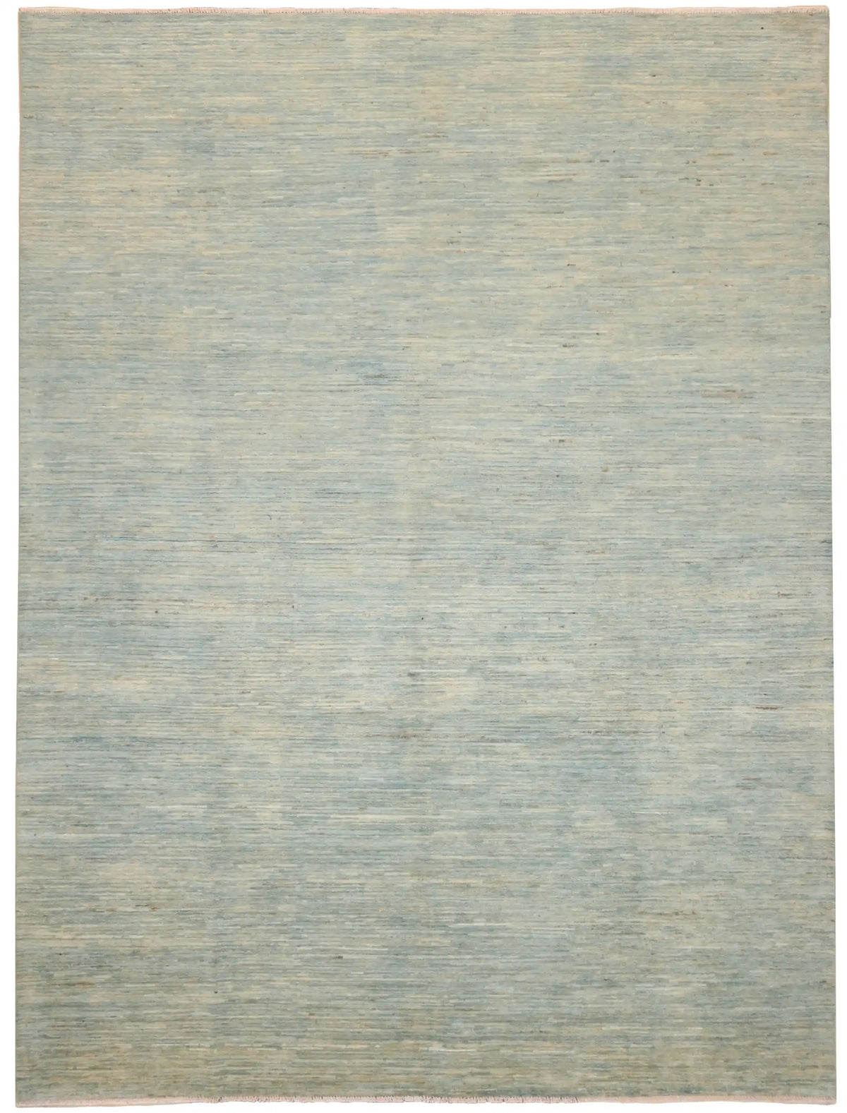 Large Light Blue Wool Rug with Tonal Variation, 383 × 290 cm, overall view.