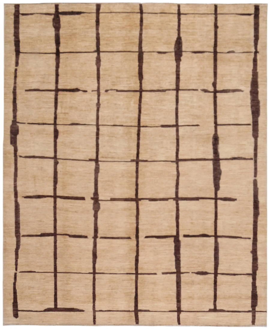 Beige Afghan Rug with a Brown Line Grid, 296 × 240 cm, overall view.