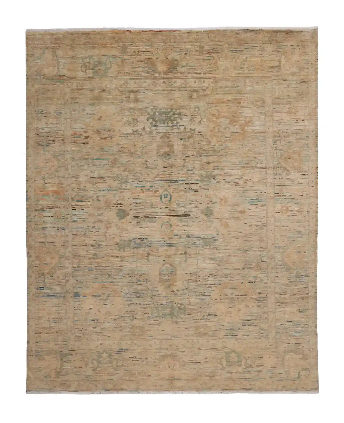 Golden Beige Afghan Rug with Fine Blue Flowers, 303 × 245 cm, overall view.