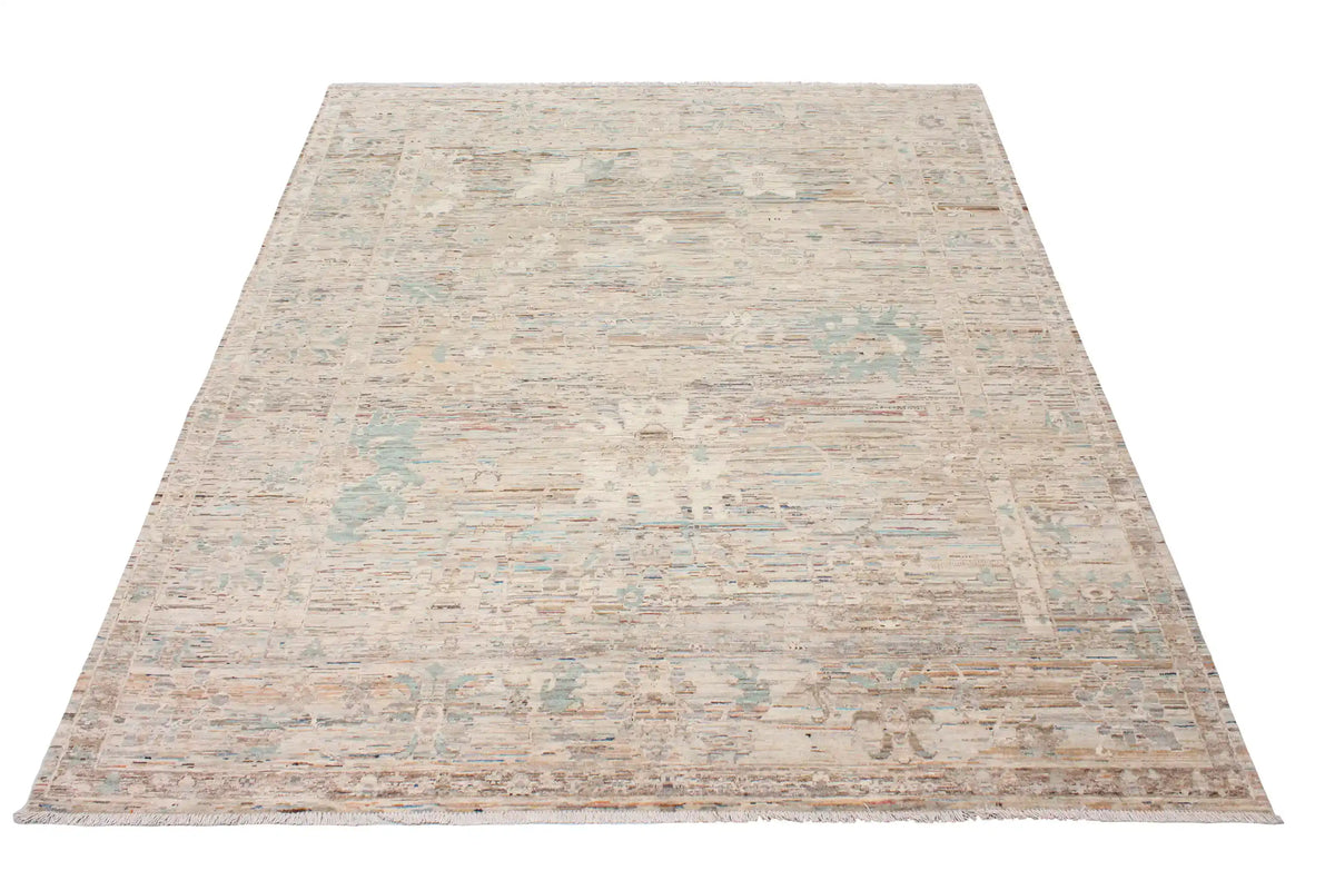 Light Afghan Rug with Sage Green Floral Detail, 296 × 252 cm, view 2.