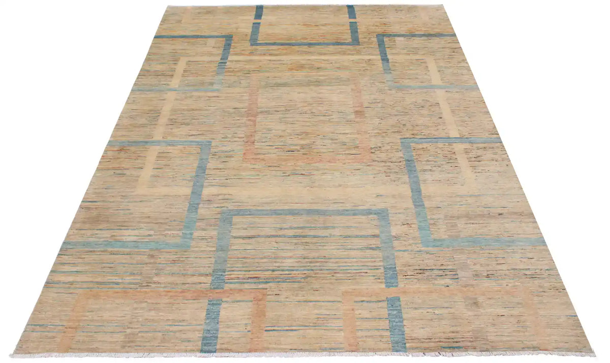 Modern Sand & Blue Wool Rug with Rectangles, 350 × 250 cm, view 2.