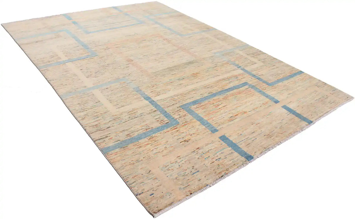Modern Sand & Blue Wool Rug with Rectangles, 350 × 250 cm, view 3.