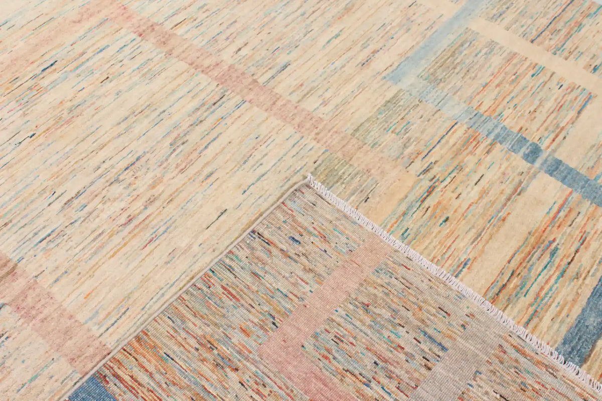 Modern Sand & Blue Wool Rug with Rectangles, 350 × 250 cm, view 5.