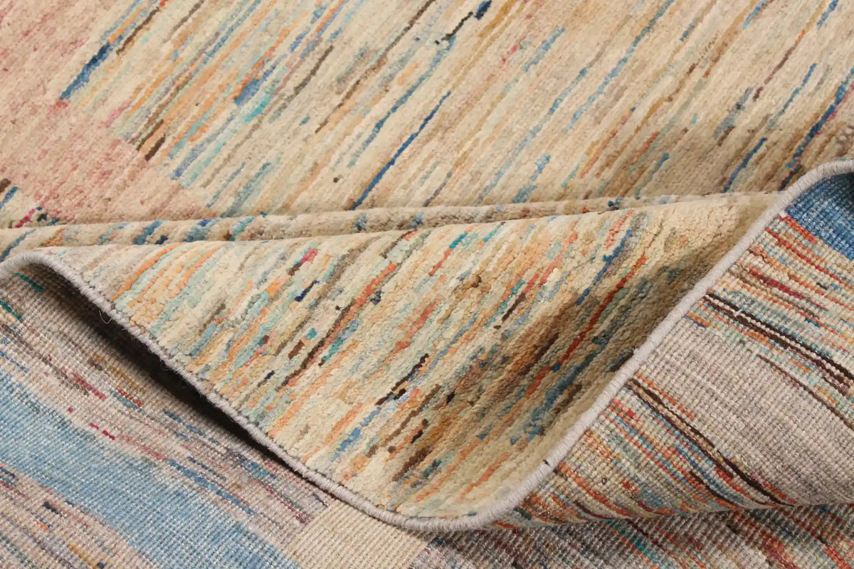 Modern Sand & Blue Wool Rug with Rectangles, 350 × 250 cm, view 6.