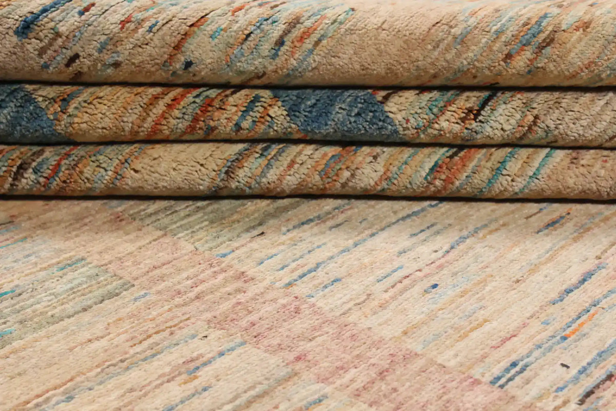 Modern Sand & Blue Wool Rug with Rectangles, 350 × 250 cm, view 8.