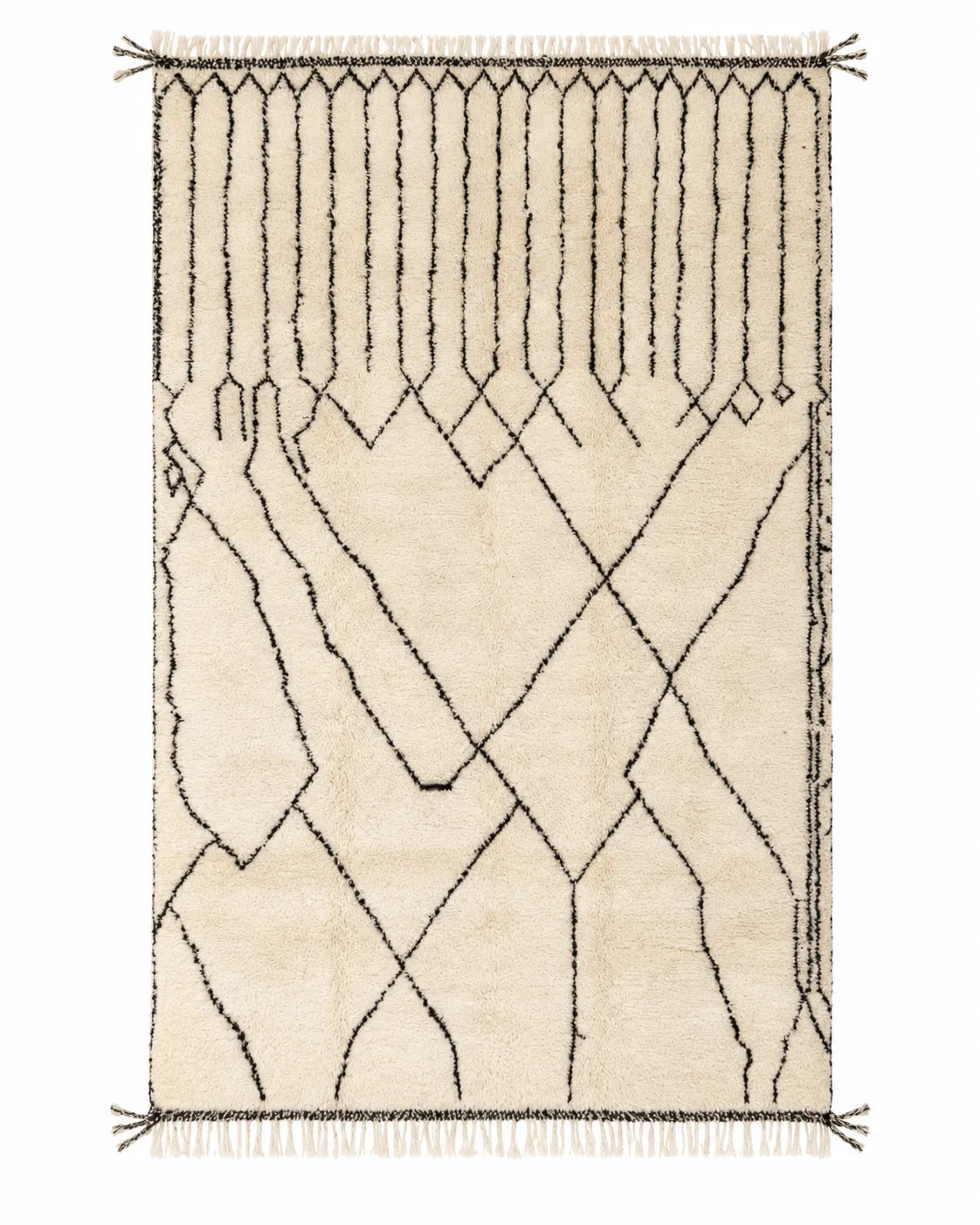 Front view of Mrirt wool rug, black grid leading into irregular diamonds on a cream ground