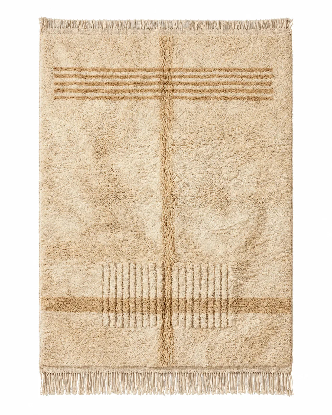 Front view of Beni Ourain wool rug, earth-tone horizontal stripes and a grid on natural white wool