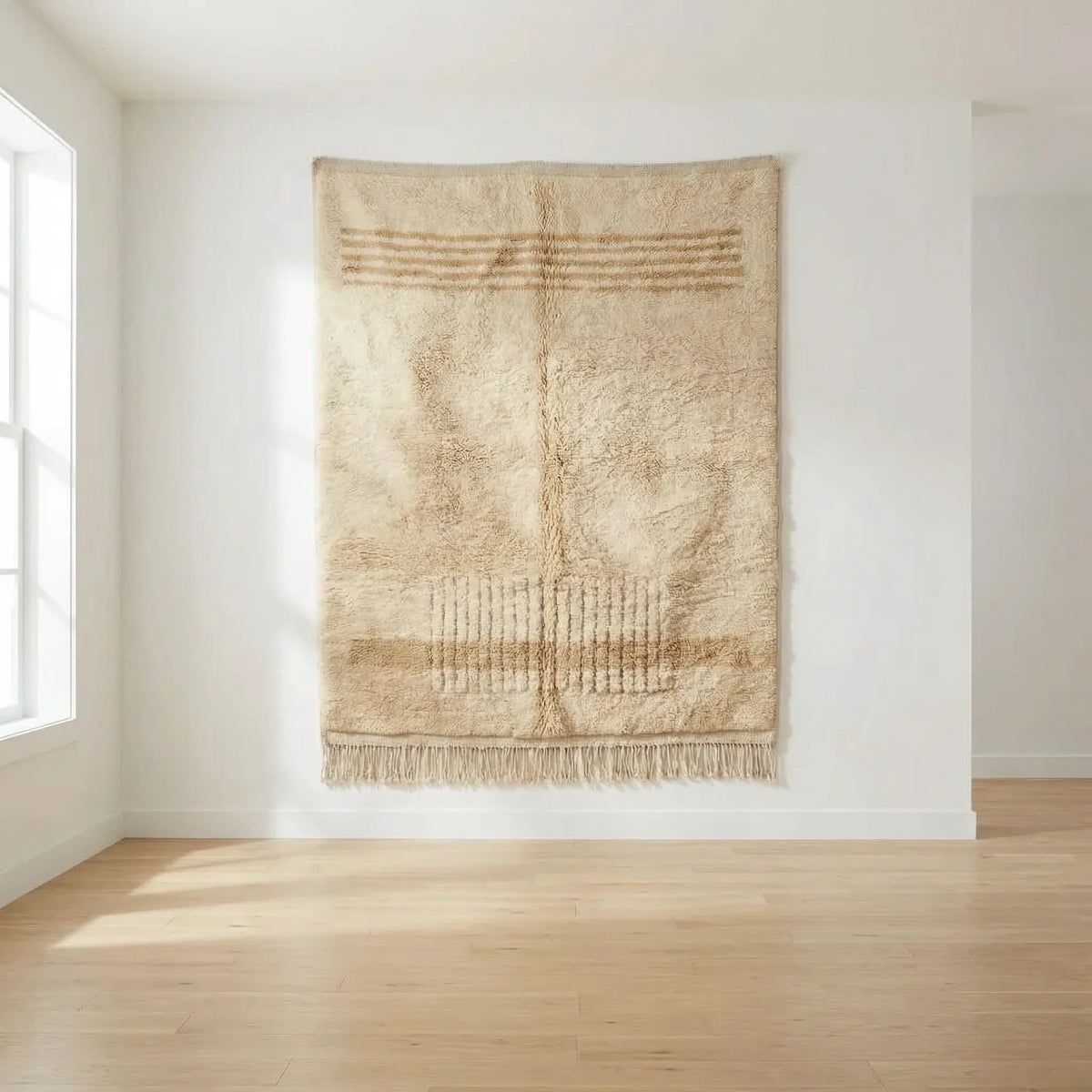 Beni Ourain wool rug, earth-tone horizontal stripes and a grid on natural white wool, product view 3