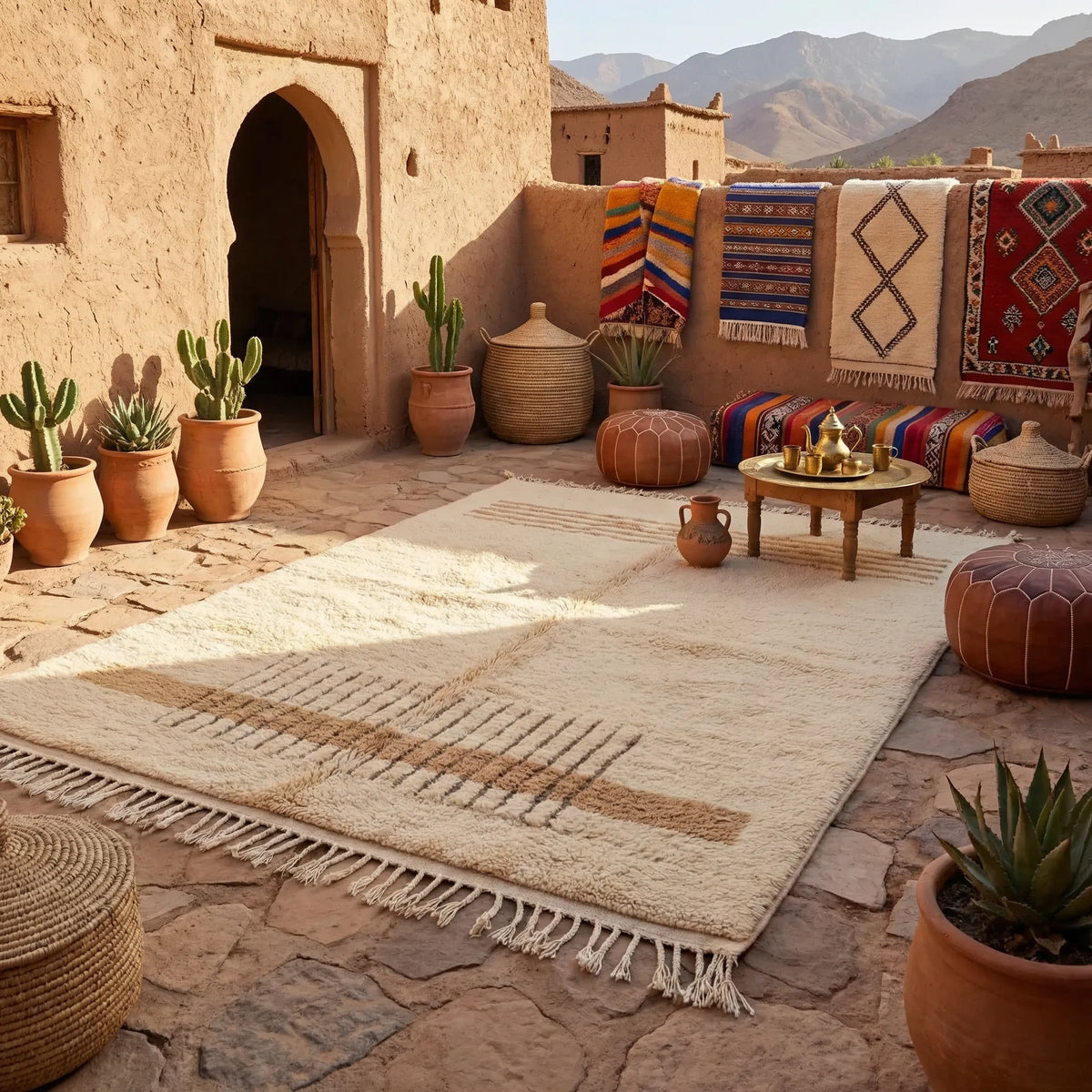 Beni Ourain wool rug, earth-tone horizontal stripes and a grid on natural white wool, product view 4