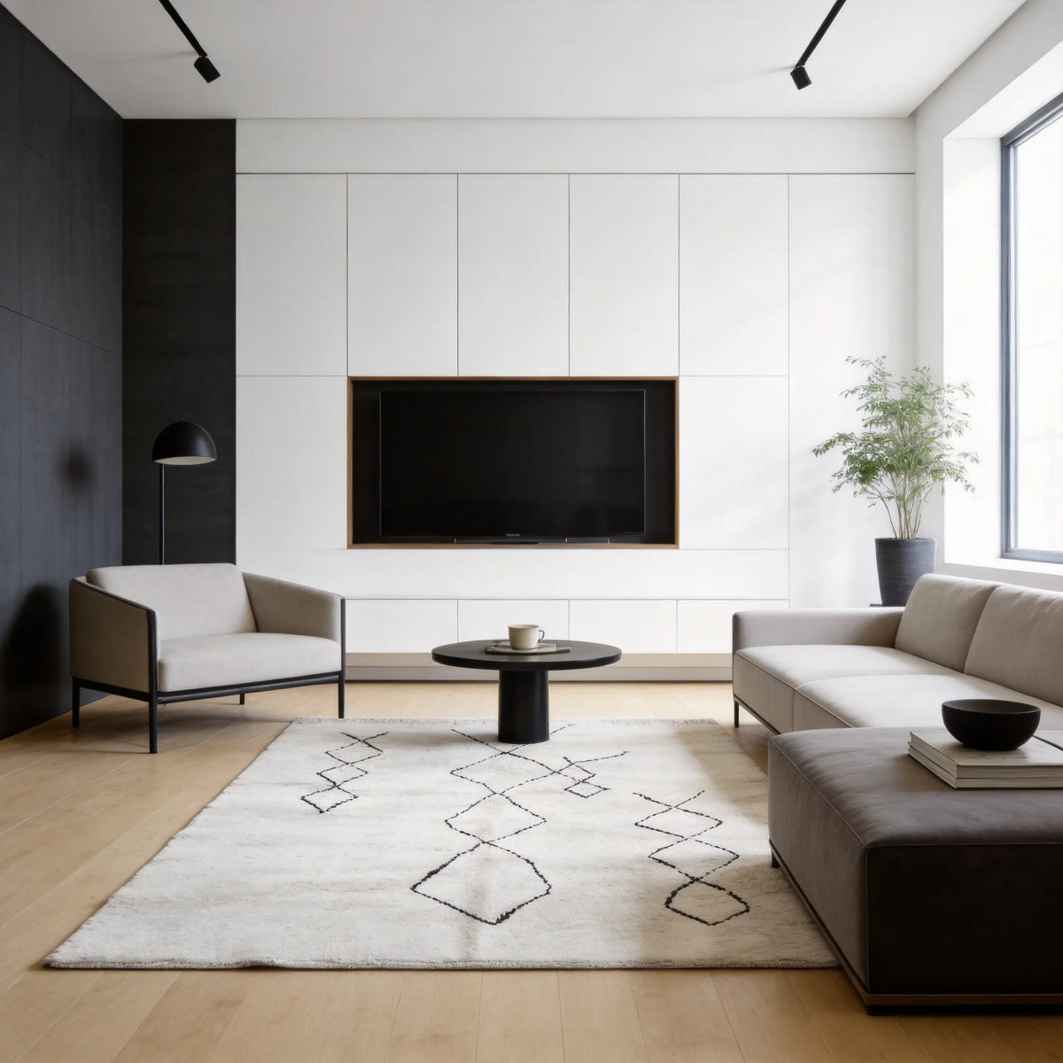 Moroccan wool rug, three offset chains of black diamonds on a cream wool ground in a bedroom setting