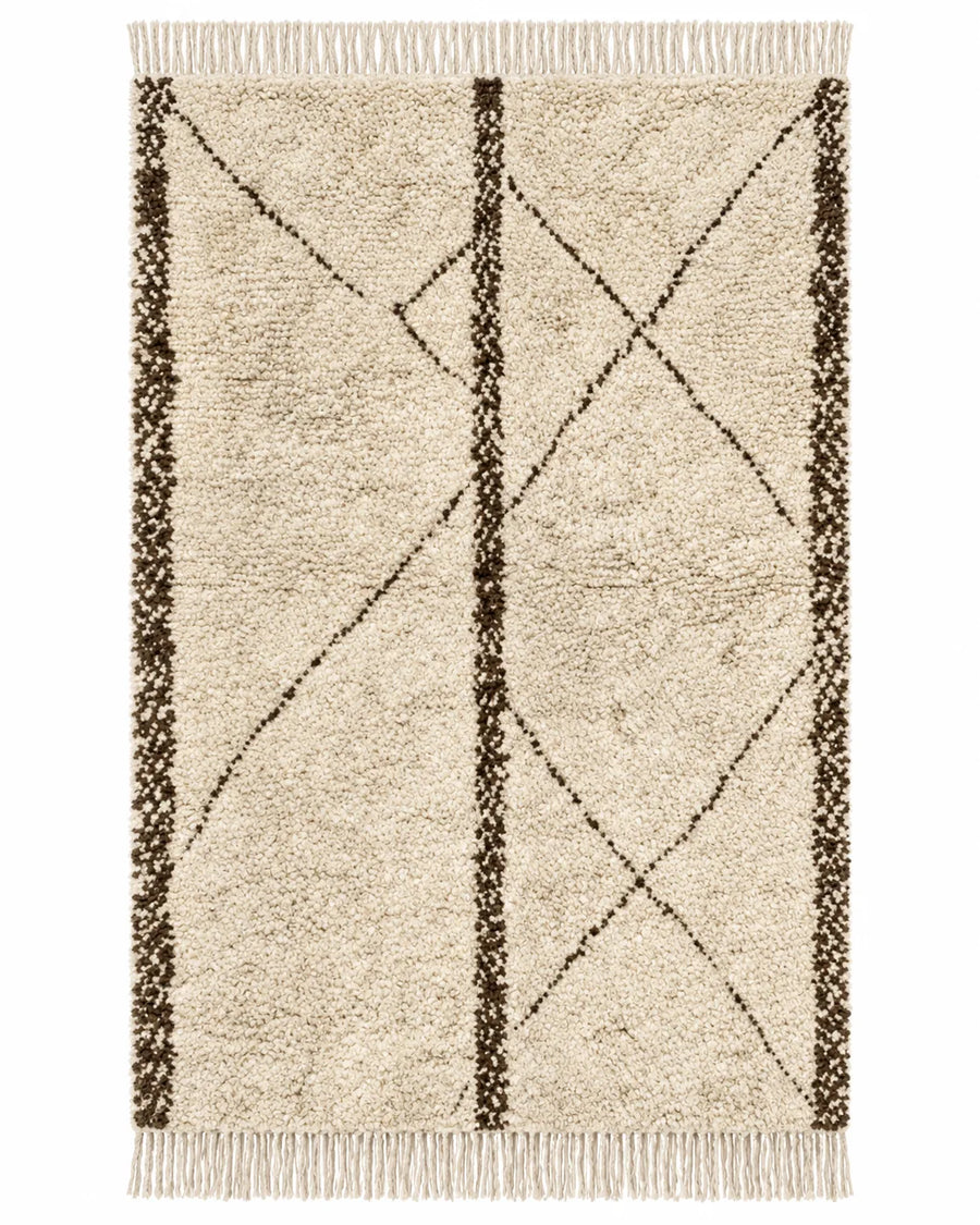 Front view of Beni Ourain wool rug, dark brown vertical lines and diamonds on a light ground