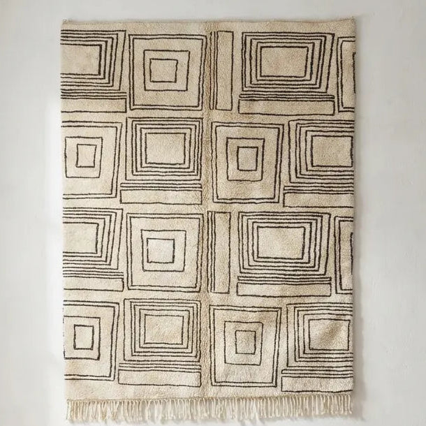 Front view of Beni Ourain wool rug, all-over pattern of concentric squares