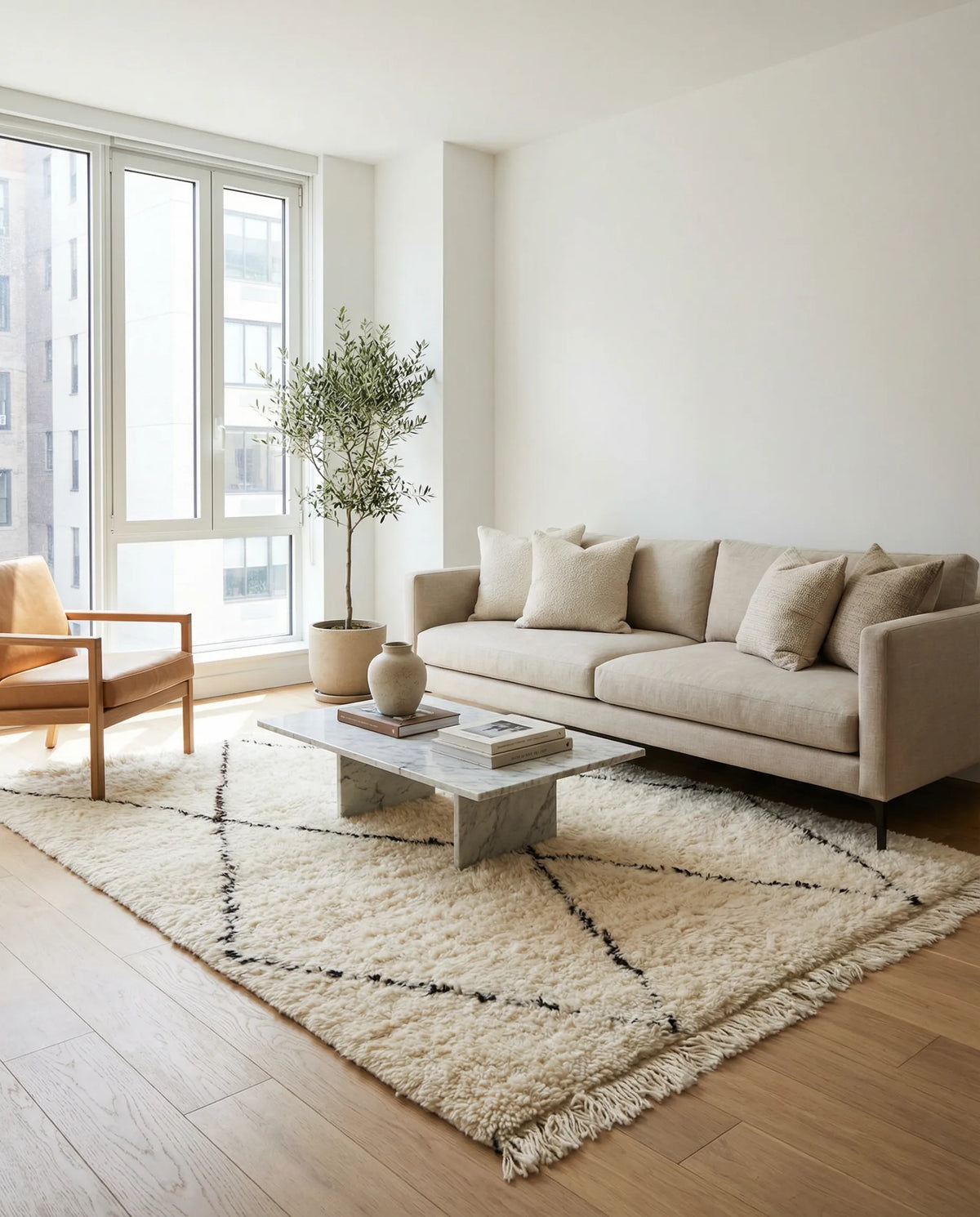 Beni Ourain wool rug, black diamond outlines on natural white high-pile wool in a living room setting