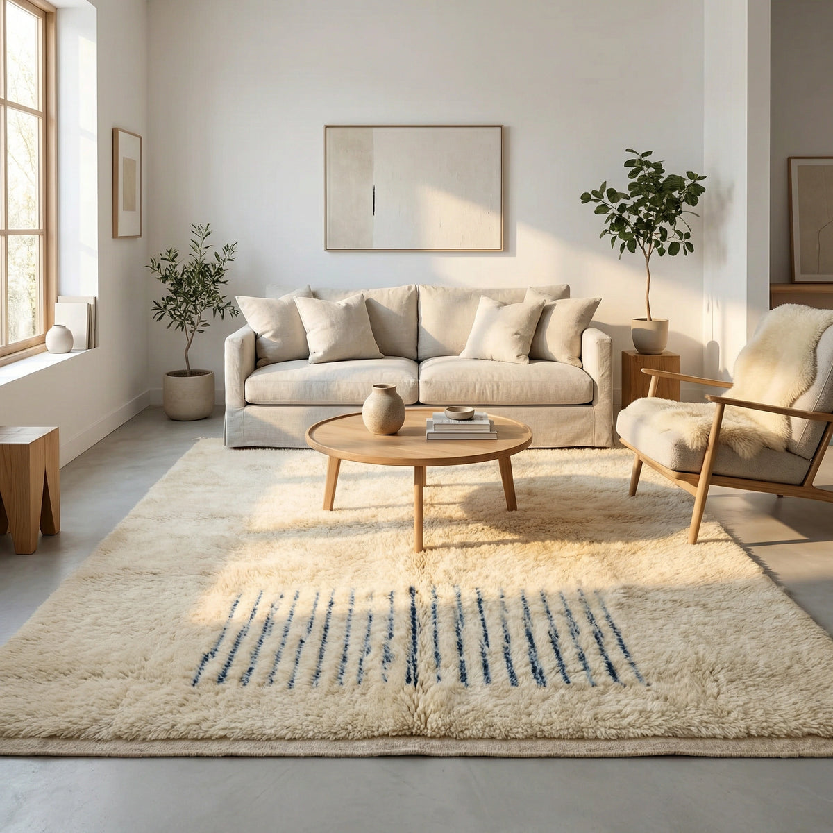 Moroccan wool rug, short dark blue lines near one end of a cream high-pile ground, product view 3