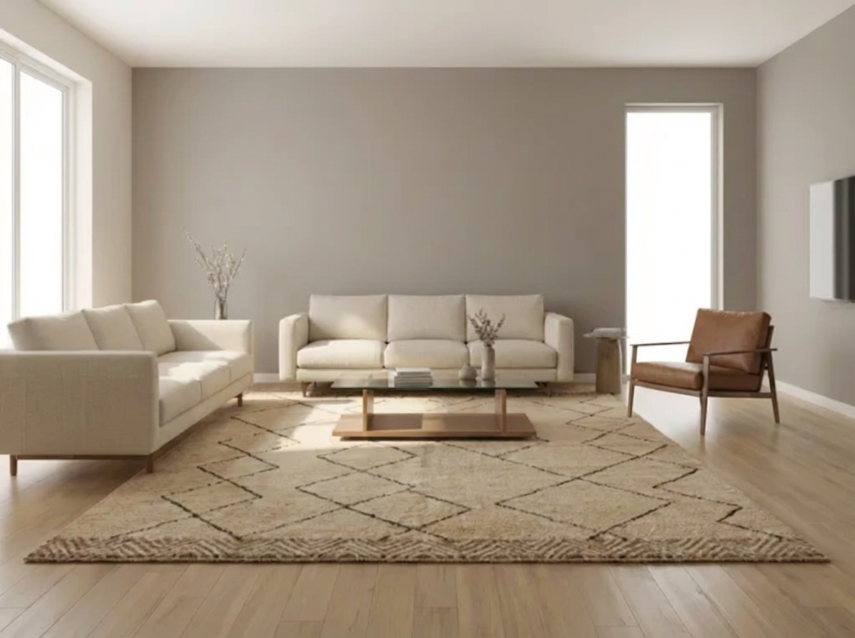 Beni Ourain wool rug, large, widely spaced diamonds on a cream wool ground in a living room setting