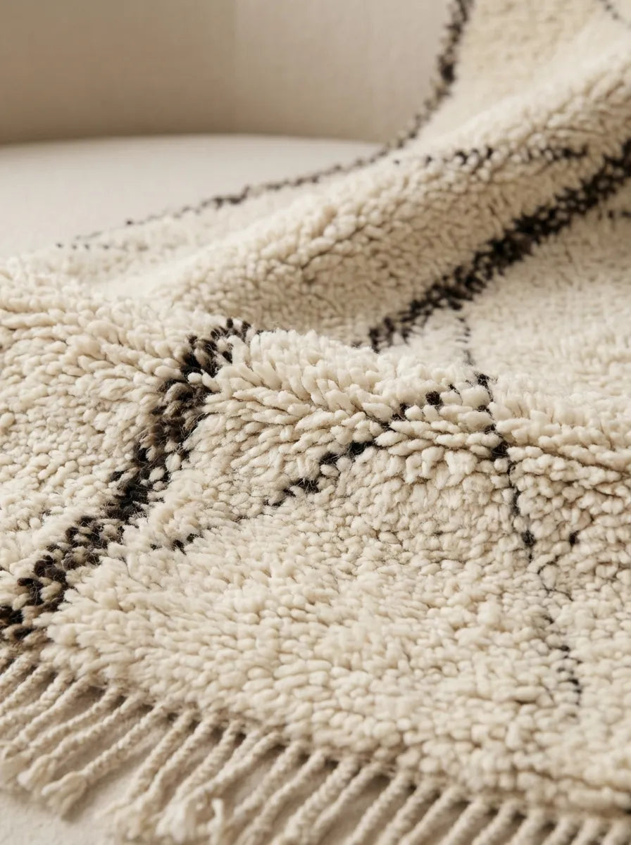 Detail of Beni Ourain wool rug, dark brown vertical lines and diamonds on a light ground