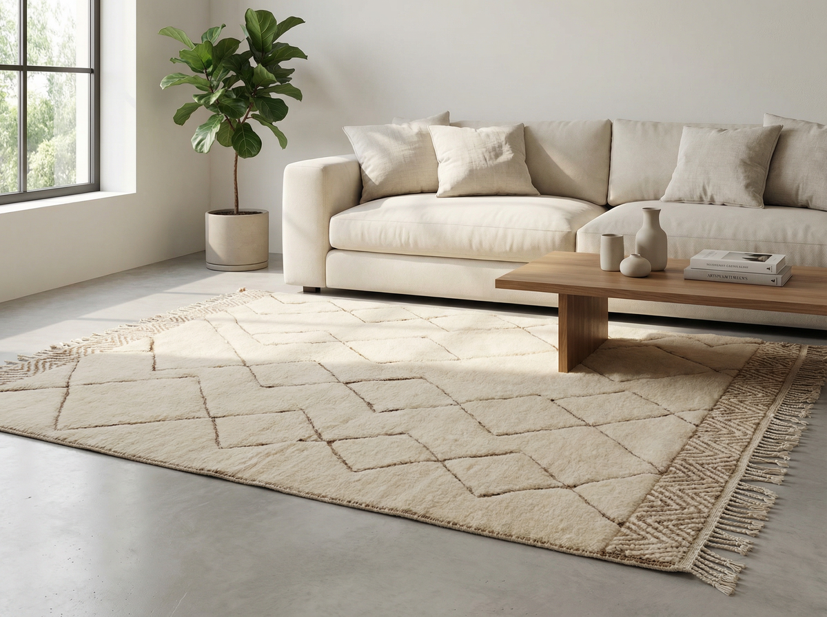 Beni Ourain wool rug, large, widely spaced diamonds on a cream wool ground in a living room setting
