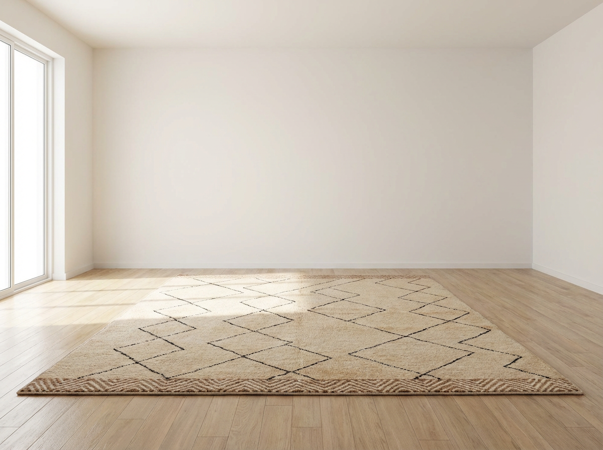 Beni Ourain wool rug, large, widely spaced diamonds on a cream wool ground, product view 3