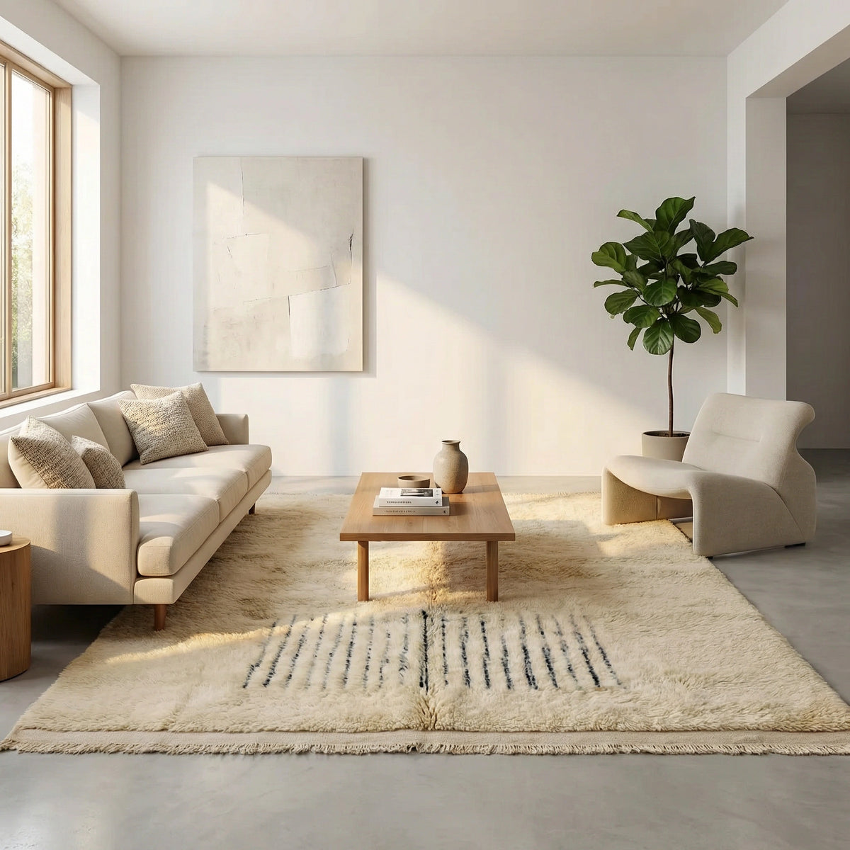 Moroccan wool rug, short dark blue lines near one end of a cream high-pile ground in a living room setting