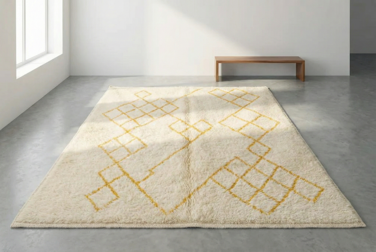 Mrirt wool rug, saffron yellow diamond motifs, product view 5