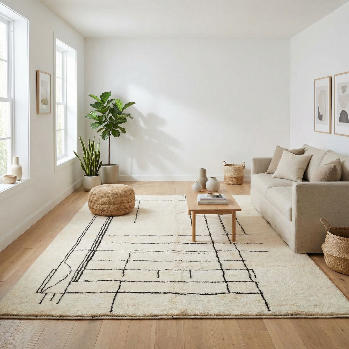 Beni Ourain wool rug, fine geometric grid on a cream wool ground, product view 4