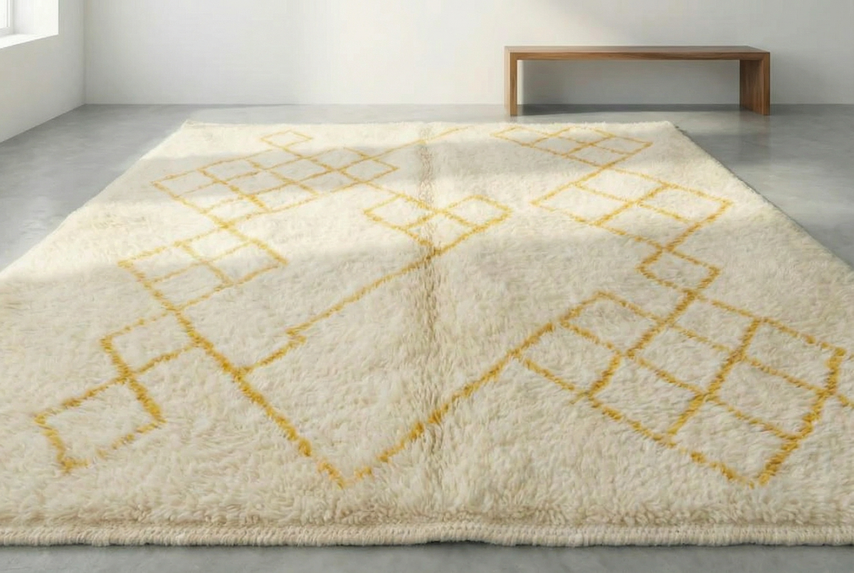 Detail of Mrirt wool rug, saffron yellow diamond motifs