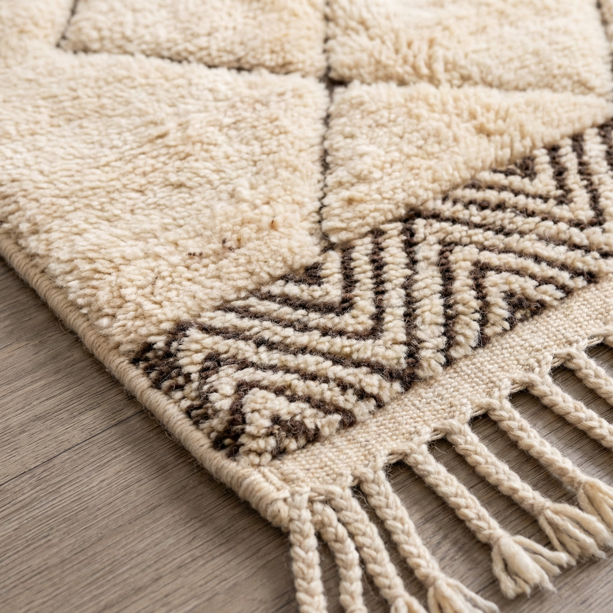 Detail of Beni Ourain wool rug, large, widely spaced diamonds on a cream wool ground