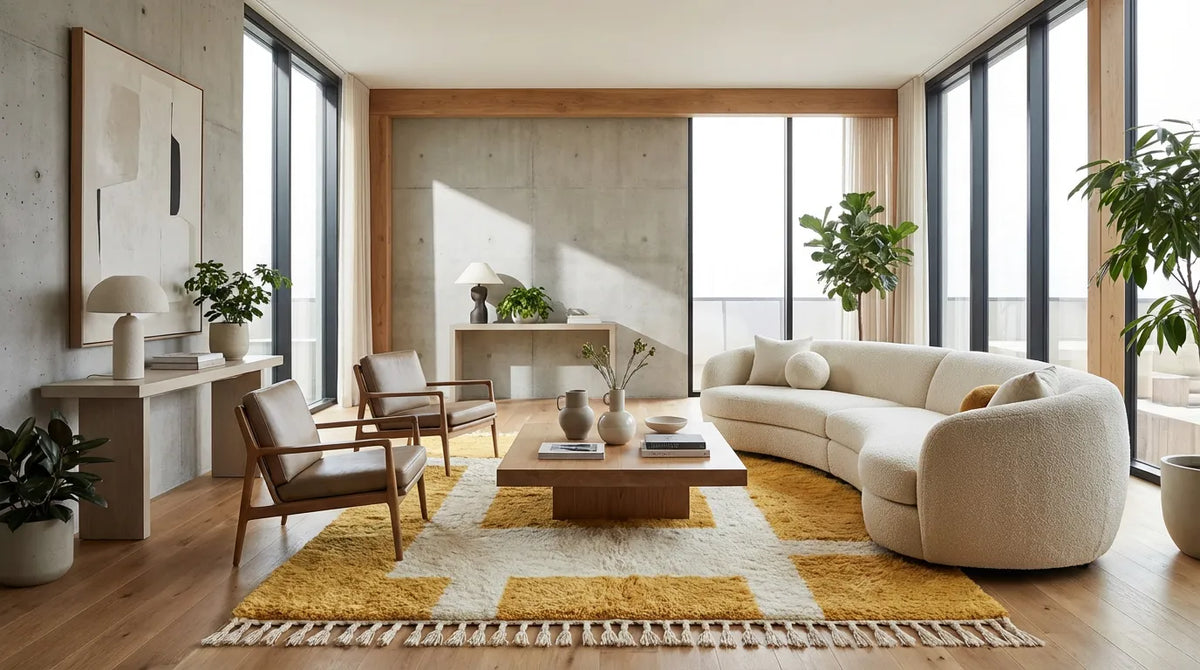 Moroccan wool rug, large cream frame-like shapes against ochre and mustard yellow in a living room setting