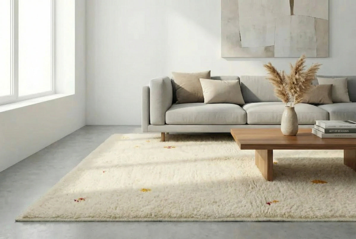 Moroccan wool rug, small yellow, orange and red motifs on a cream wool ground in a living room setting