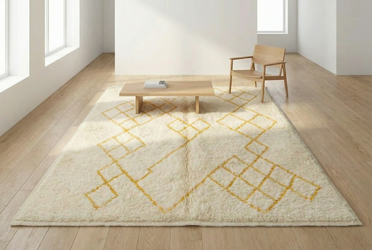Detail of Mrirt wool rug, saffron yellow diamond motifs