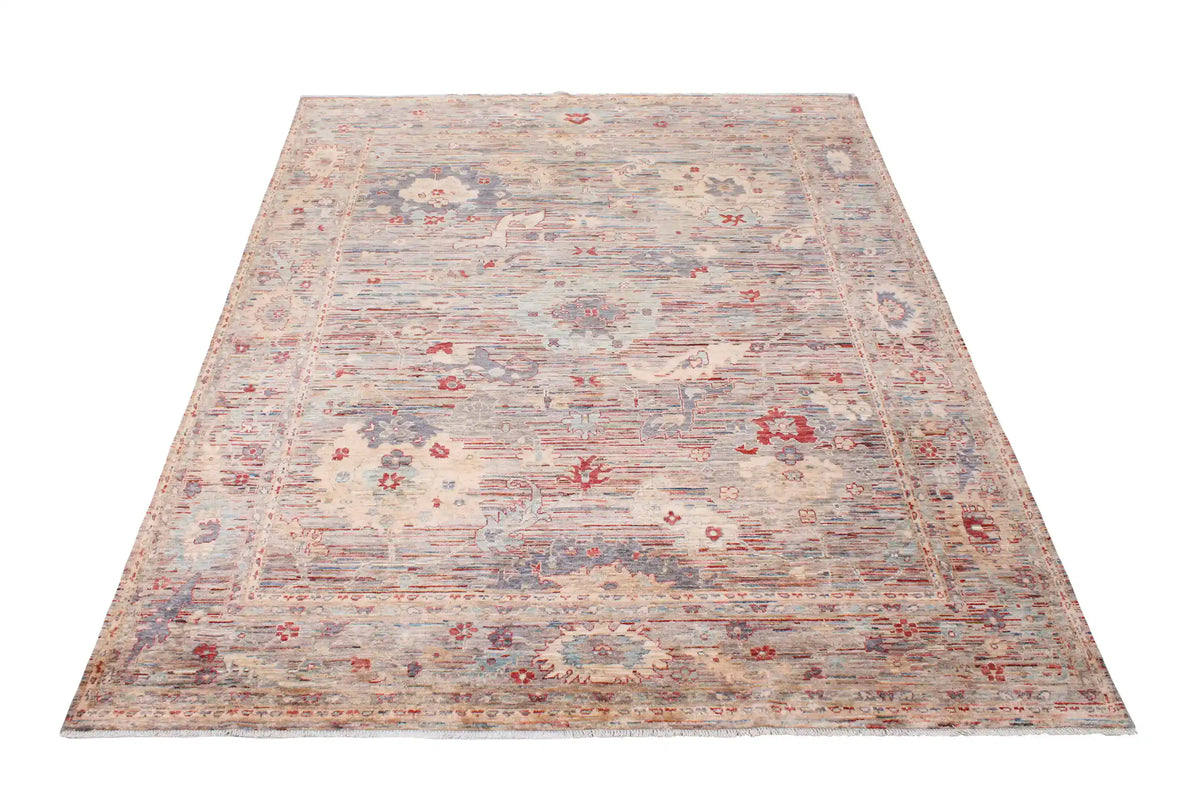 Gray Afghan Rug with Cream & Red Rosettes, 298 × 248 cm, view 2.