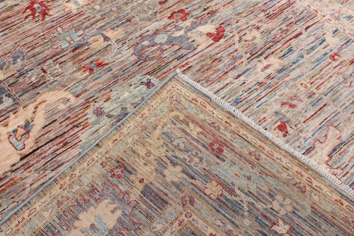 Gray Afghan Rug with Cream & Red Rosettes, 298 × 248 cm, view 4.
