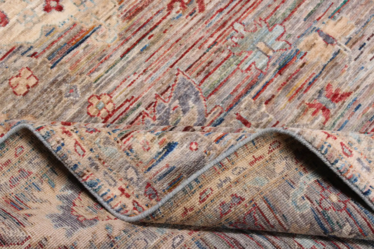 Gray Afghan Rug with Cream & Red Rosettes, 298 × 248 cm, view 6.