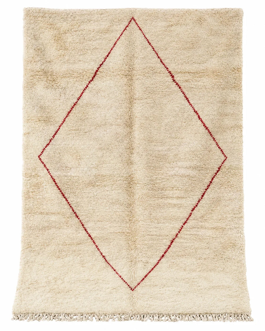 Front view of Moroccan wool rug, bold red diamond on a cream high-pile ground