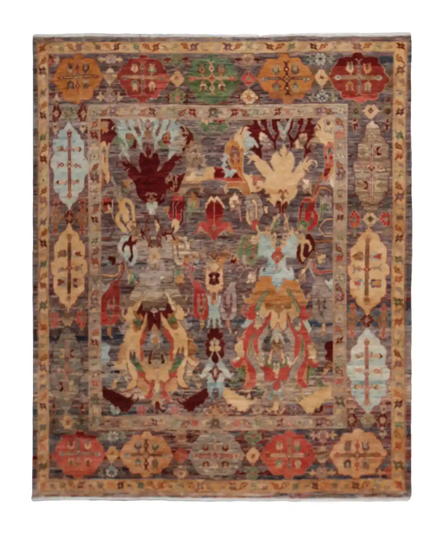 Afghan Rug with Red, Gold & Cream Leaves, 297 × 248 cm, overall view.