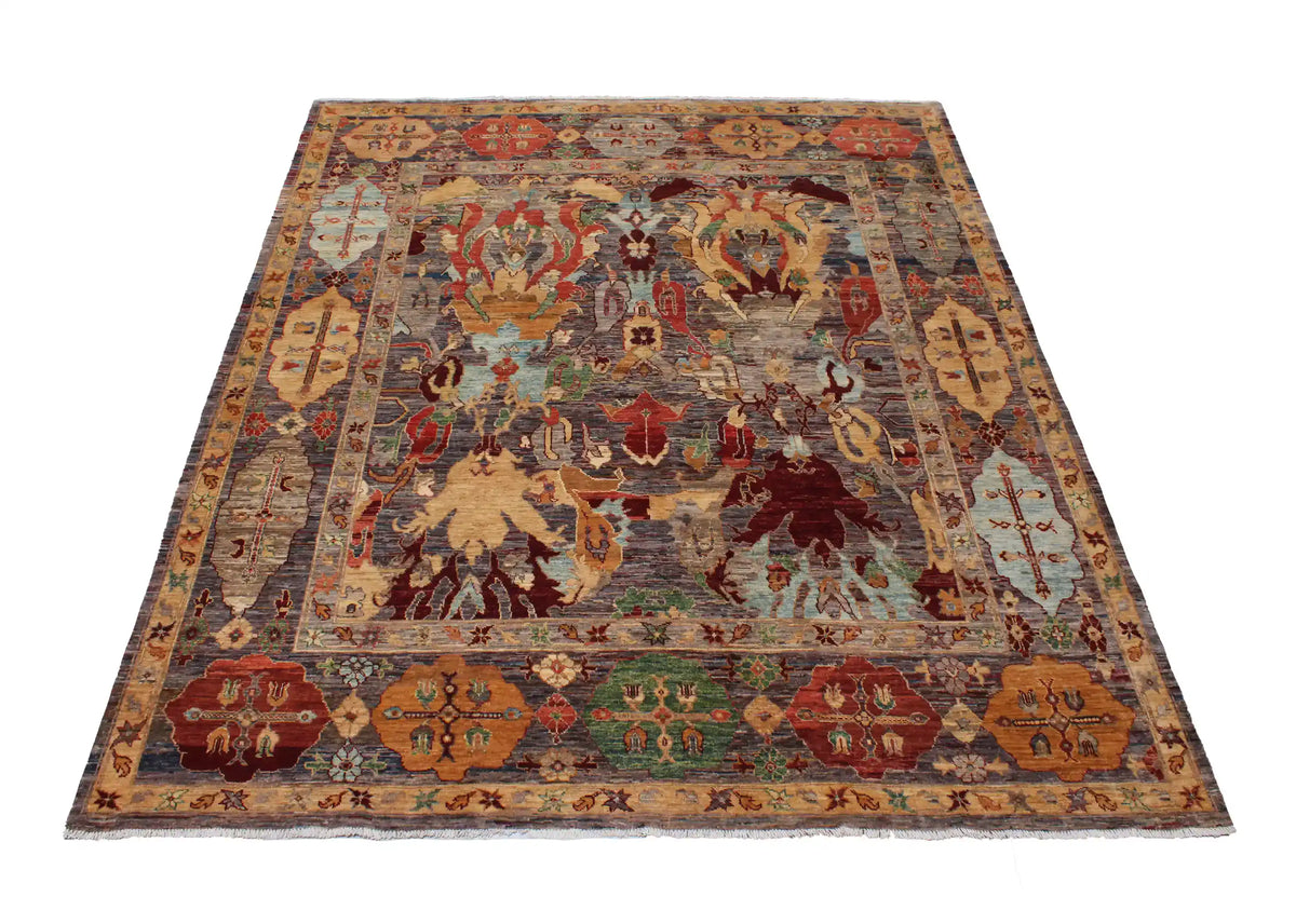 Afghan Rug with Red, Gold & Cream Leaves, 297 × 248 cm, view 2.