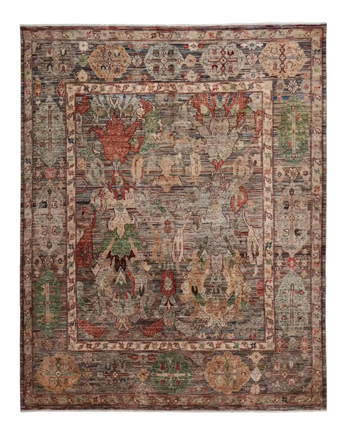 Dark Brown Afghan Rug with Red & Green Leaves, 303 × 250 cm, overall view.