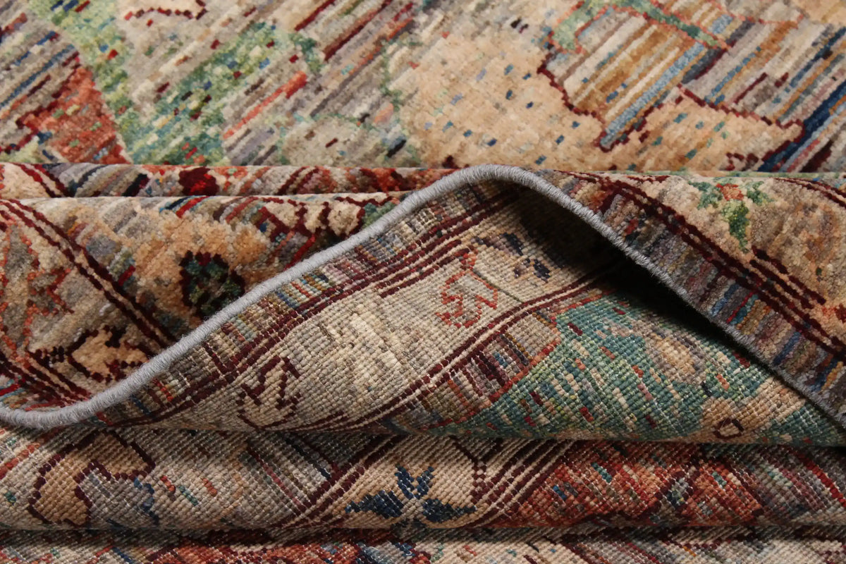 Dark Brown Afghan Rug with Red & Green Leaves, 303 × 250 cm, view 7.
