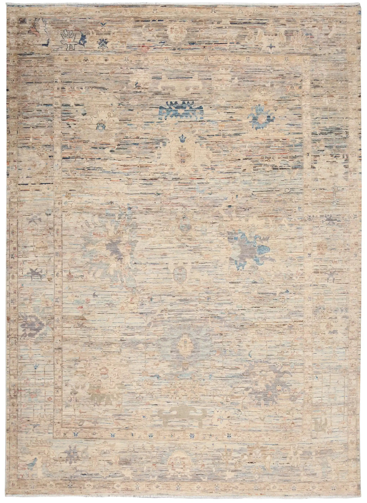 Large Beige & Blue Art Deco Rug, 396 × 300 cm, overall view.