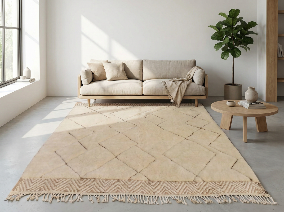 Beni Ourain wool rug, large, widely spaced diamonds on a cream wool ground in a living room setting