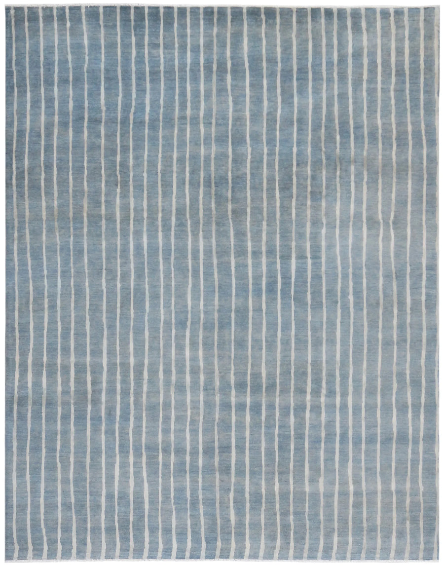 Blue-Gray Wool Rug with Light Lengthwise Stripes, 303 × 237 cm, overall view.